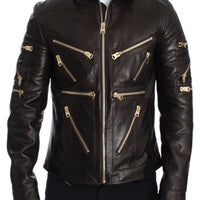 Dolce & Gabbana Elegant Brown Gold-Detailed Leather Jacket