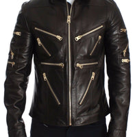 Dolce & Gabbana Elegant Brown Gold-Detailed Leather Jacket