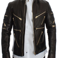 Dolce & Gabbana Elegant Brown Gold-Detailed Leather Jacket