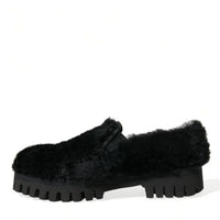 Dolce & Gabbana Elegant Black Fur Slip On Loafers for Men