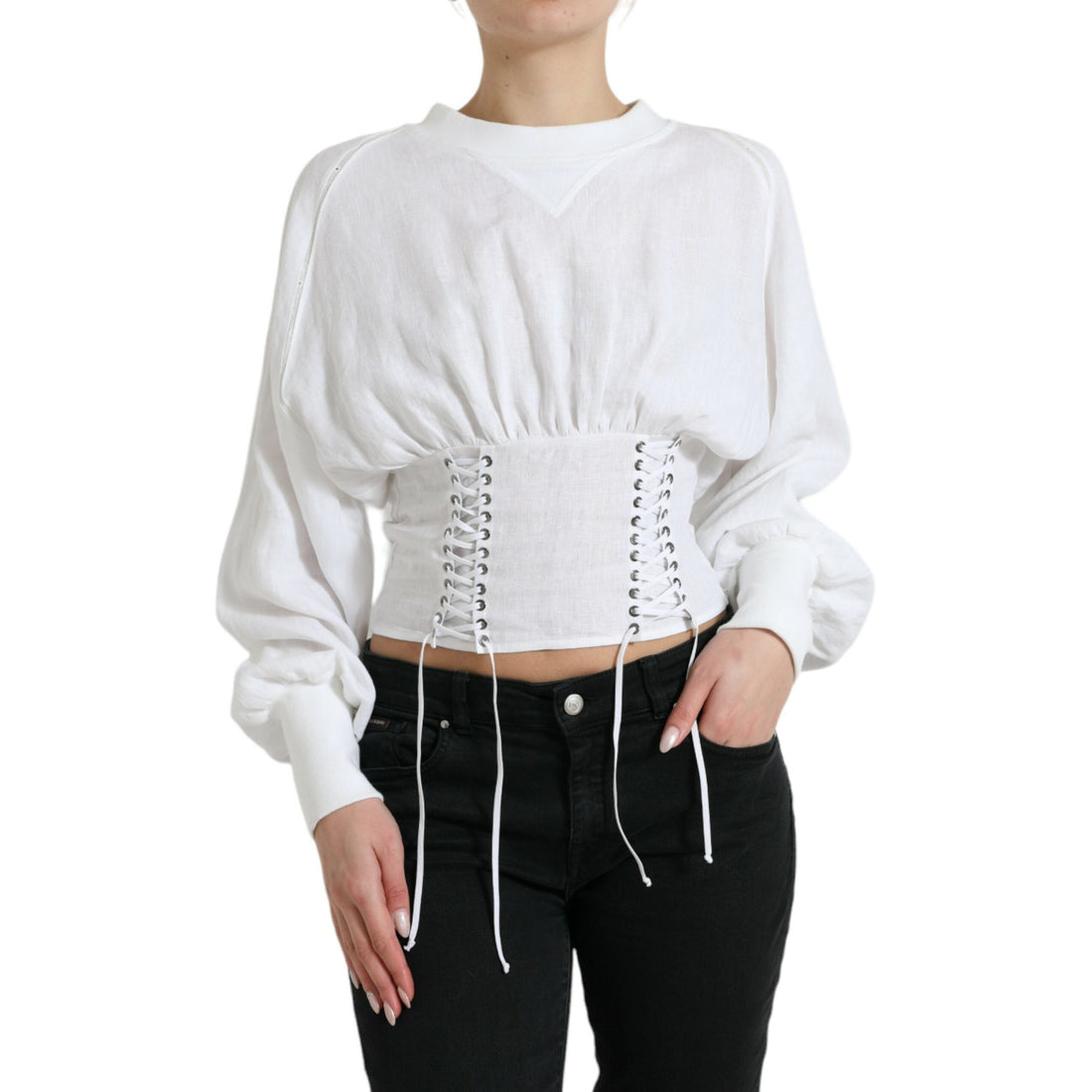 Dolce & Gabbana Elegant White Lace-Up Corset Cropped Top