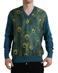 Dolce & Gabbana Silk V-Neck Peacock Feather Sweater