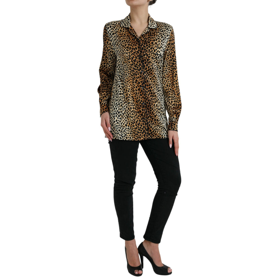 Dolce & Gabbana Elegant Brown Animal Print Silk Blouse