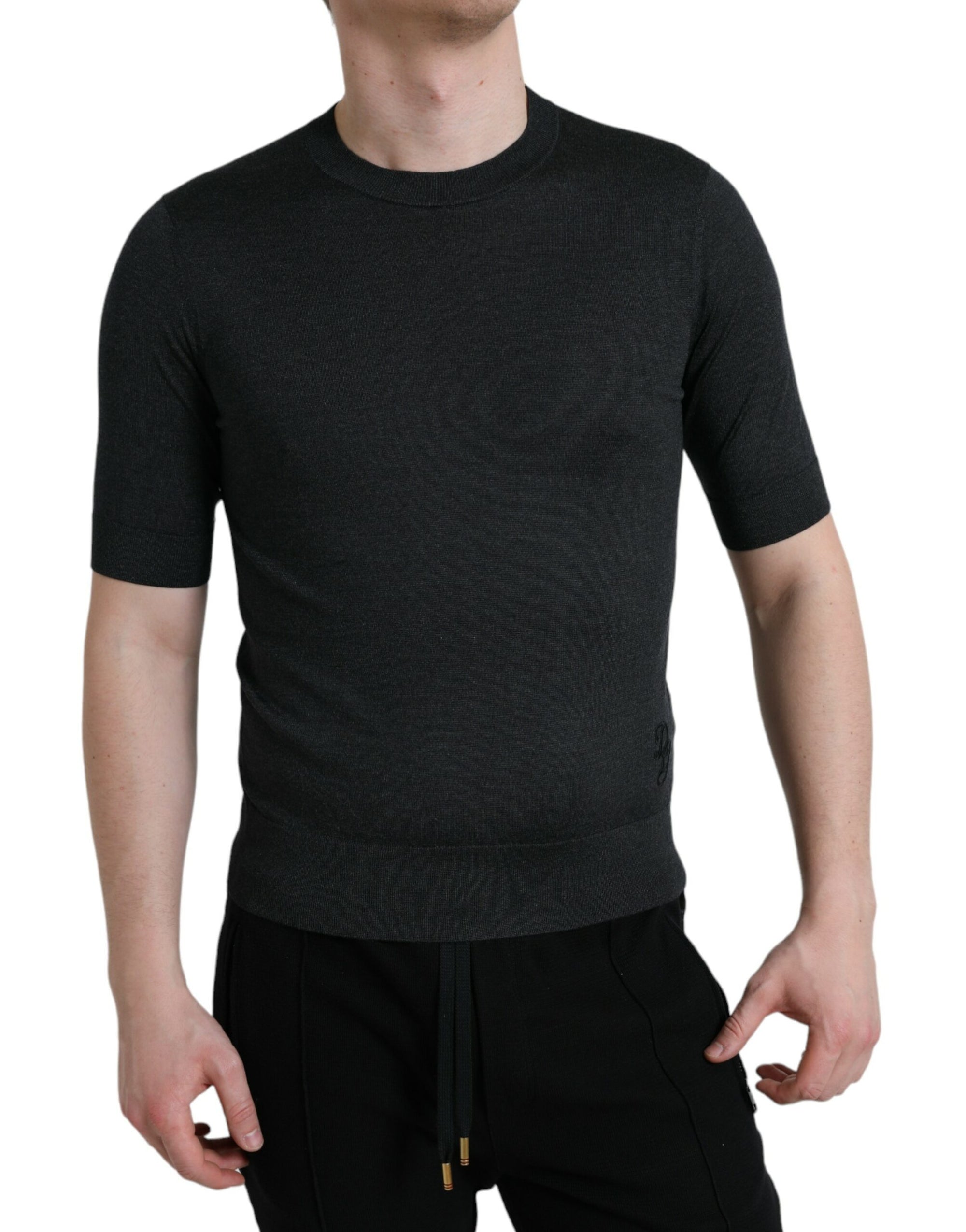 Dolce &amp; Gabbana Elegant Silk Crew Neck Tee in Dark Grey