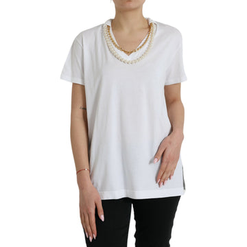 Dolce & Gabbana Elegant White Cotton Tee with Necklace Detail