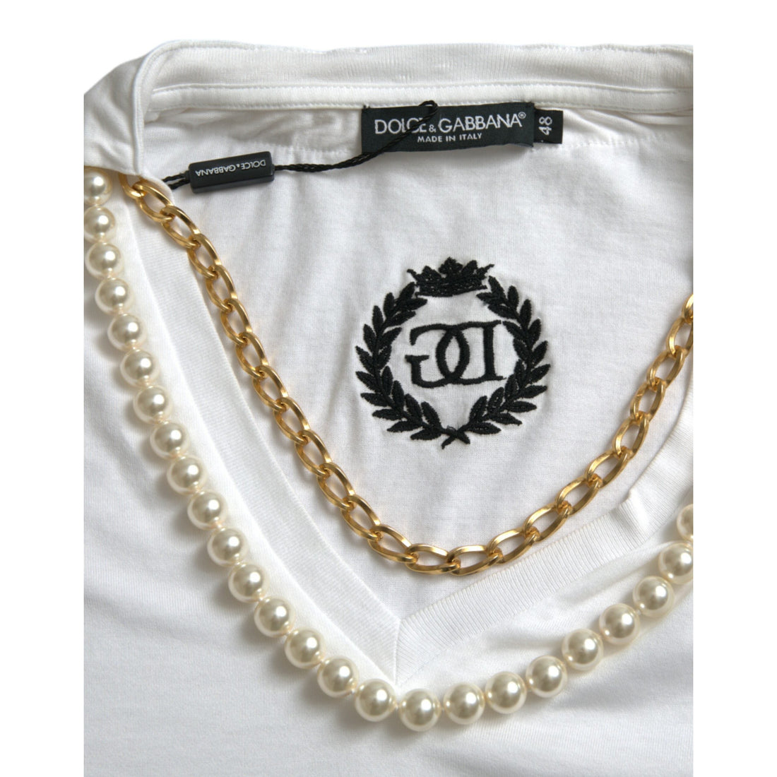 Dolce & Gabbana Elegant White Cotton Tee with Necklace Detail