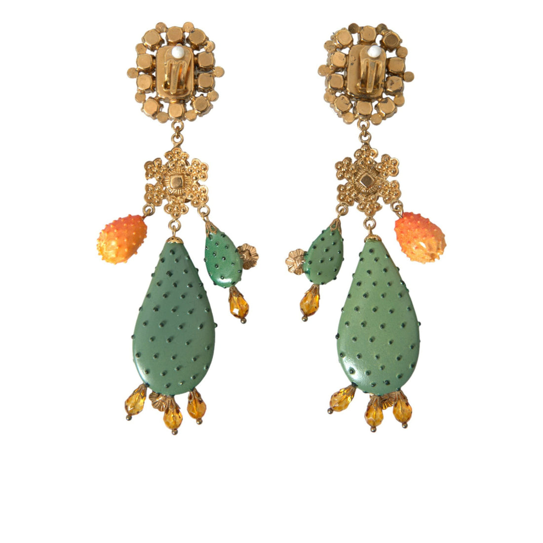 Dolce & Gabbana Green Cactus Crystal Clip On Jewelry Dangling Earrings