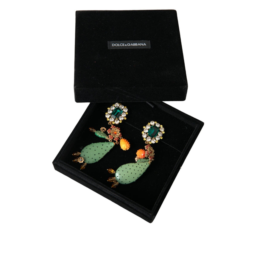 Dolce & Gabbana Green Cactus Crystal Clip On Jewelry Dangling Earrings