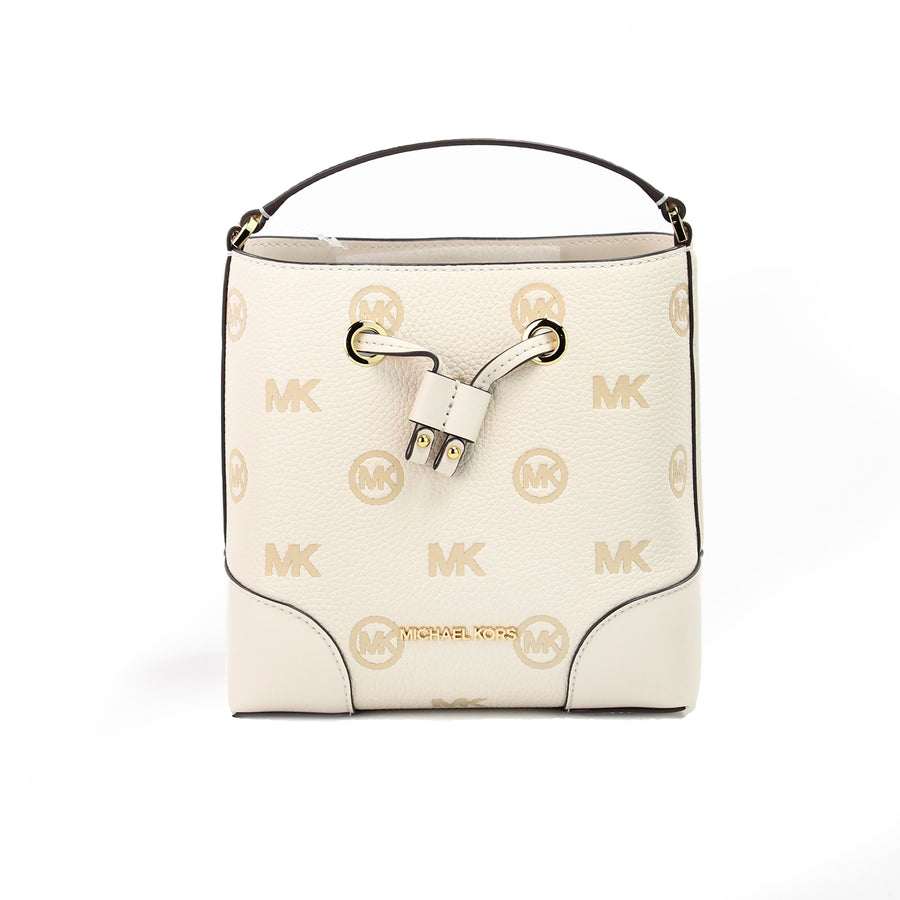 Michael Kors Mercer Small Light Cream Embossed Drawstring Bucket Messenger Bag