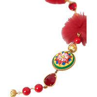 Dolce & Gabbana Gold Brass Red Fur Crystal Carretto Chain Necklace