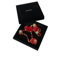 Dolce & Gabbana Gold Brass Red Fur Crystal Carretto Chain Necklace