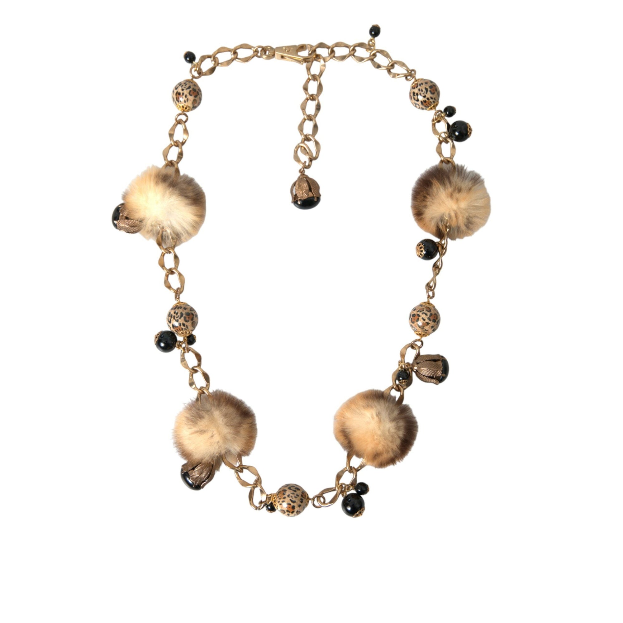 Dolce &amp; Gabbana Gold Brass Leopard Fur Pearl Collier Chain Belt