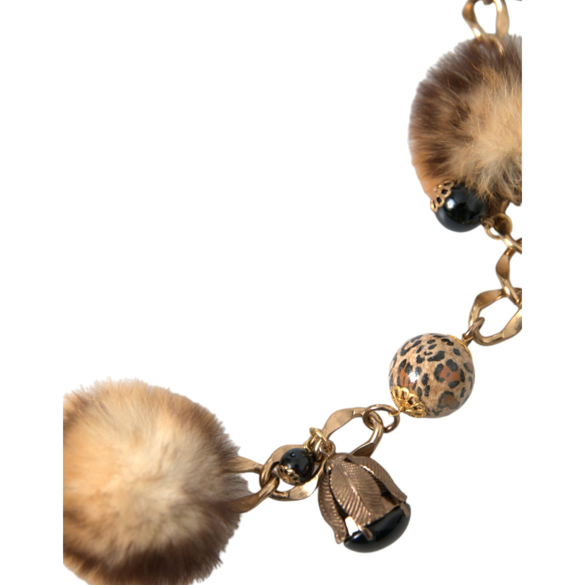 Dolce &amp; Gabbana Gold Brass Leopard Fur Pearl Collier Chain Belt