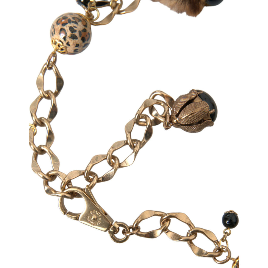 Dolce & Gabbana Gold Brass Leopard Fur Pearl Collier Chain Belt