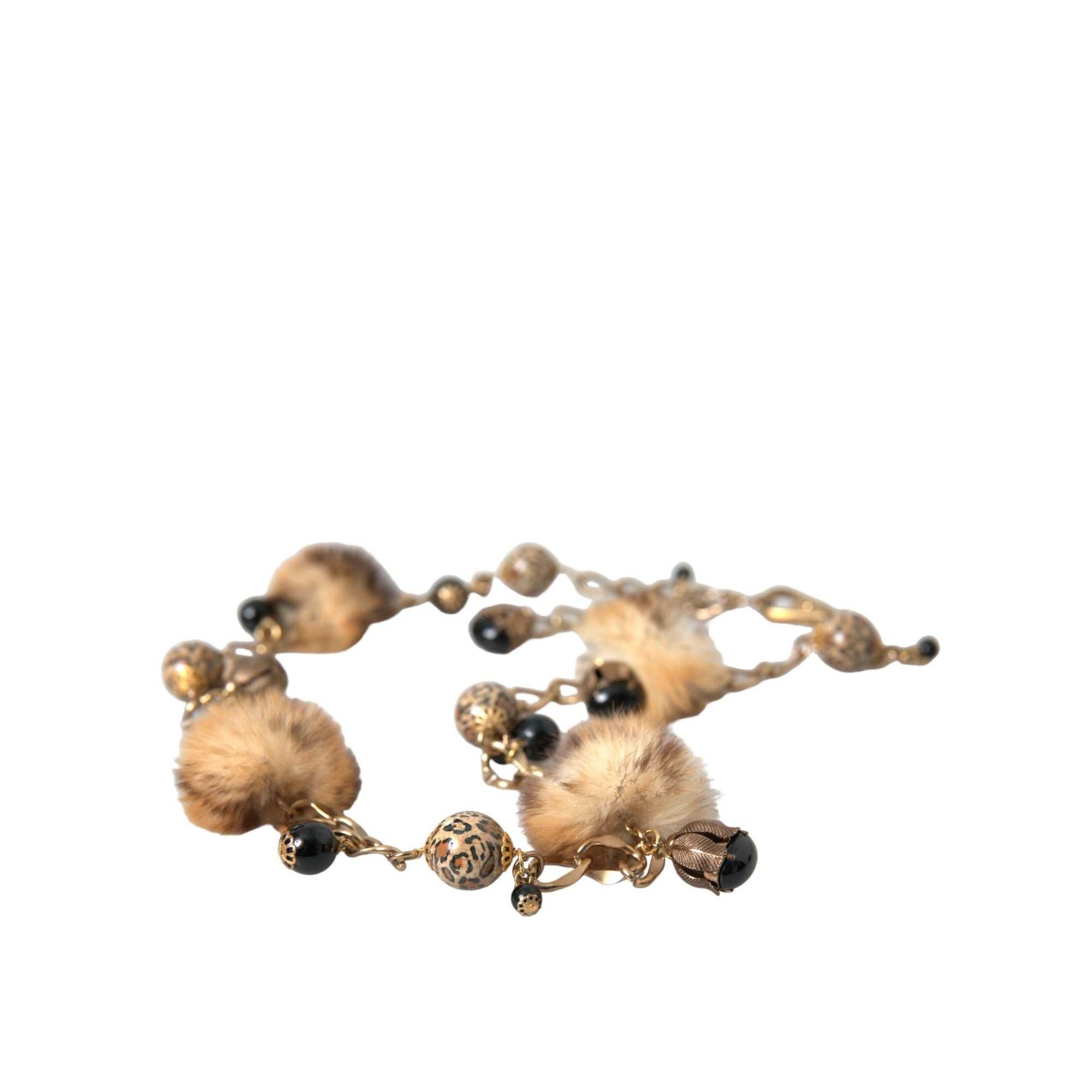 Dolce &amp; Gabbana Gold Brass Leopard Fur Pearl Collier Chain Belt