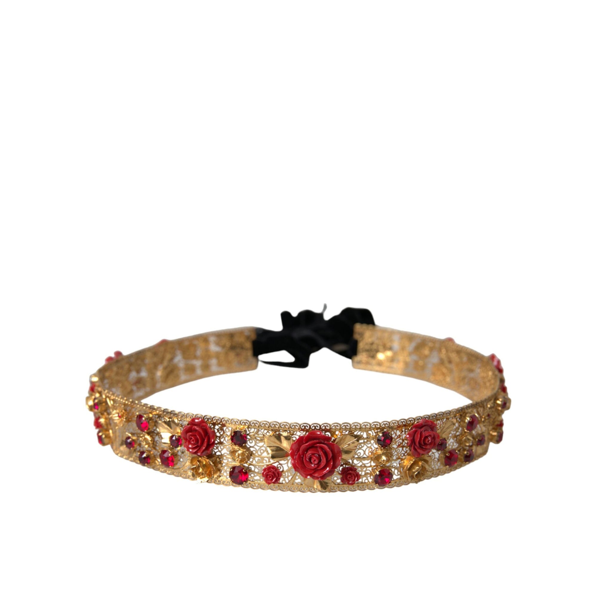 Dolce &amp; Gabbana Gold Brass Red Roses Crystal Jewel Waist Belt