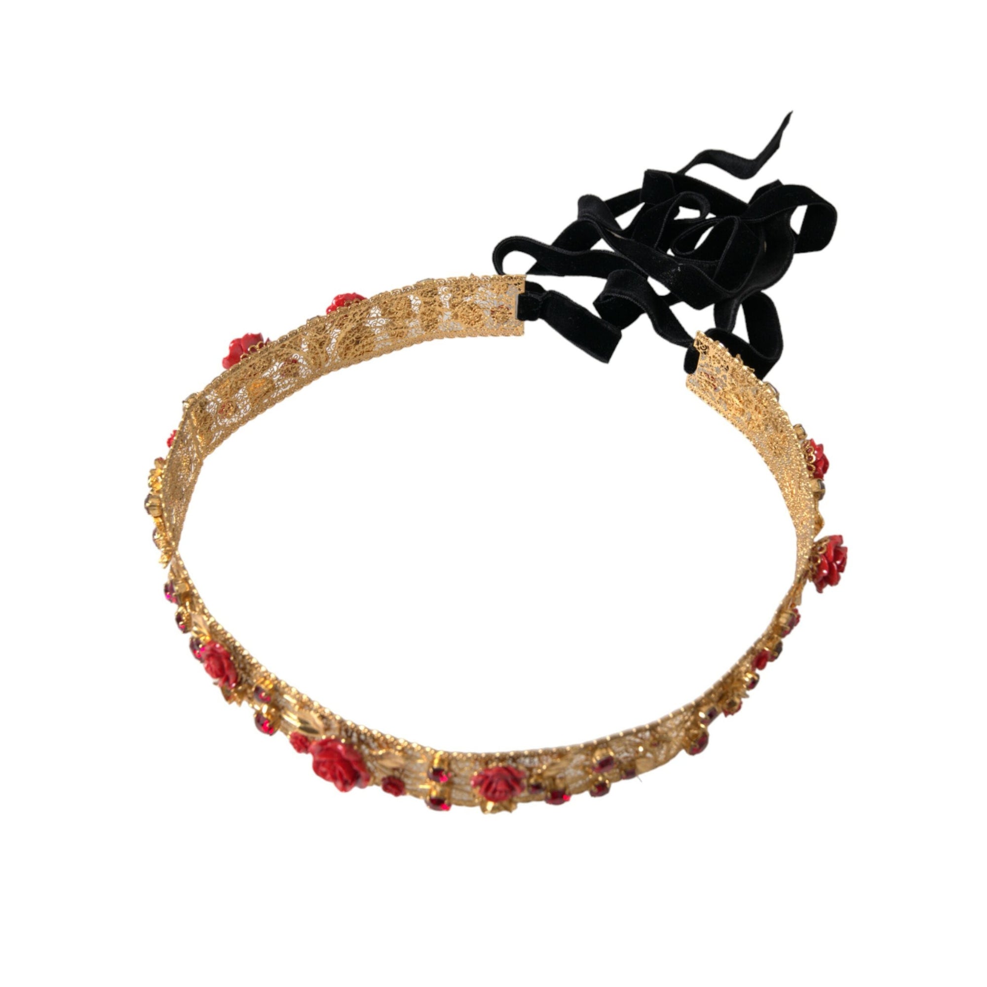Dolce &amp; Gabbana Gold Brass Red Roses Crystal Jewel Waist Belt