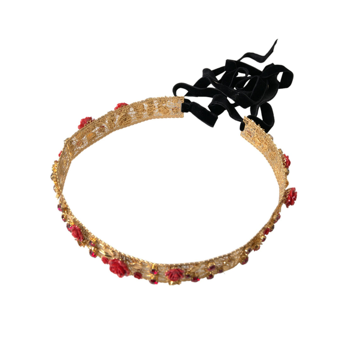 Dolce & Gabbana Gold Brass Red Roses Crystal Jewel Waist Belt