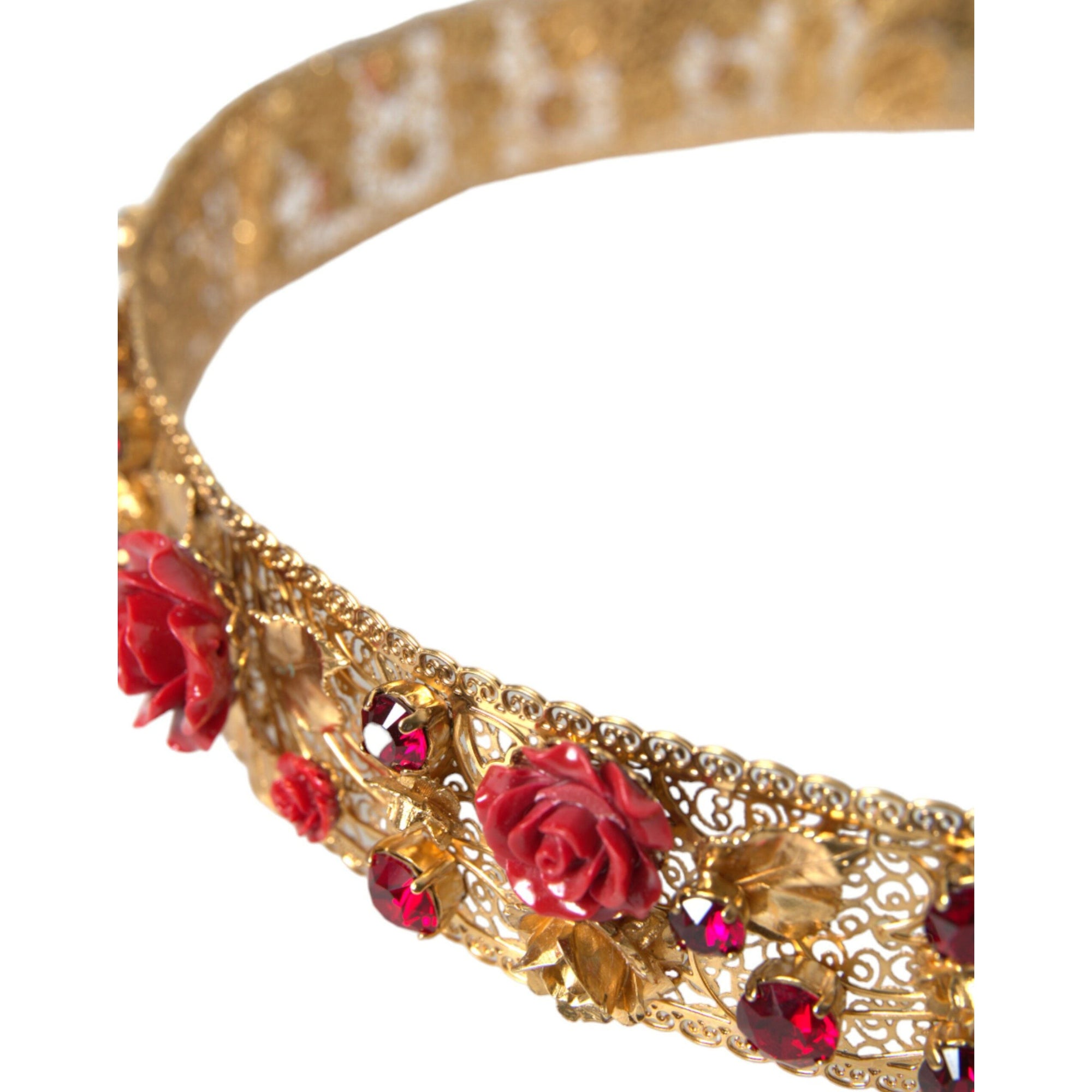 Dolce &amp; Gabbana Gold Brass Red Roses Crystal Jewel Waist Belt