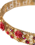 Dolce & Gabbana Gold Brass Red Roses Crystal Jewel Waist Belt