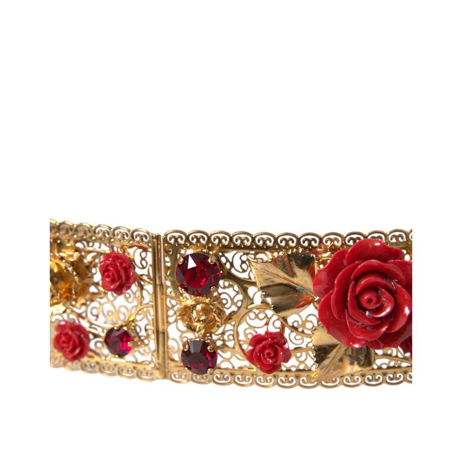 Dolce & Gabbana Gold Brass Red Roses Crystal Jewel Waist Belt