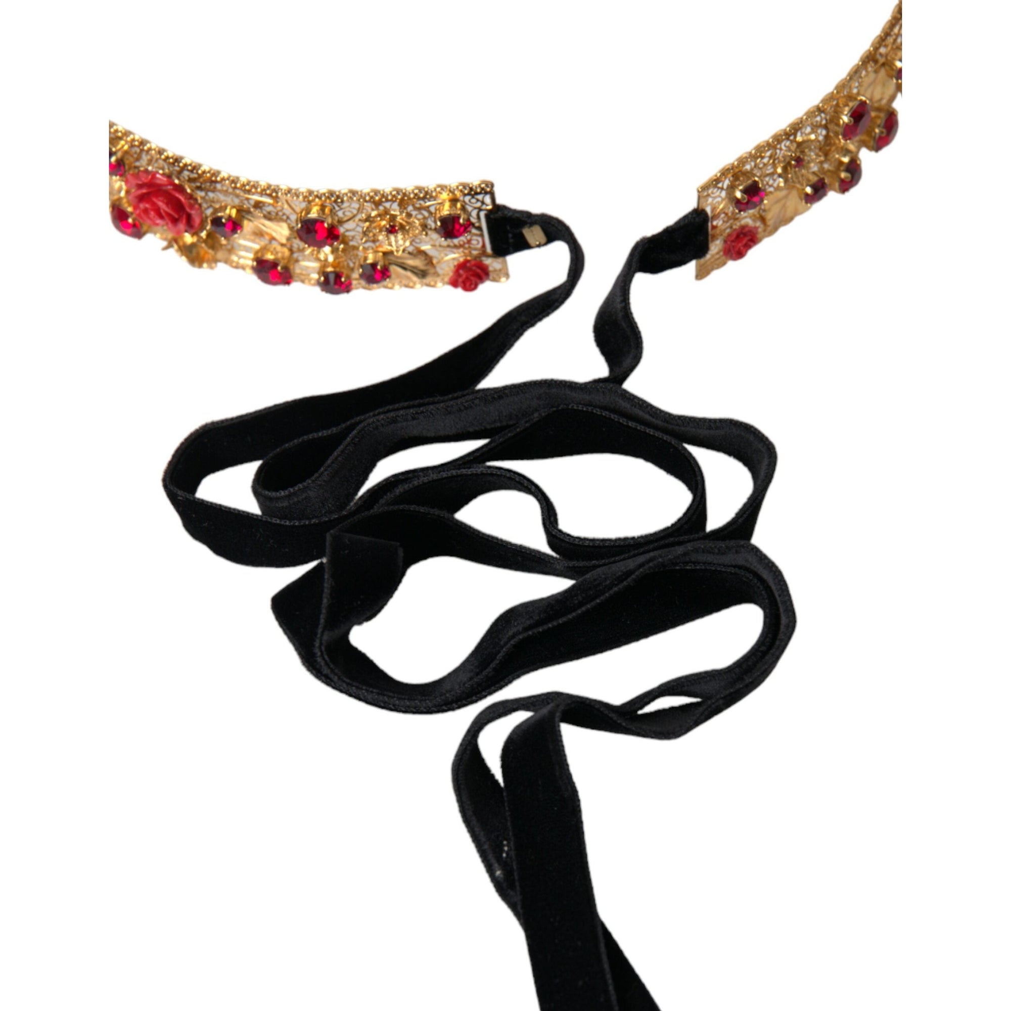 Dolce &amp; Gabbana Gold Brass Red Roses Crystal Jewel Waist Belt