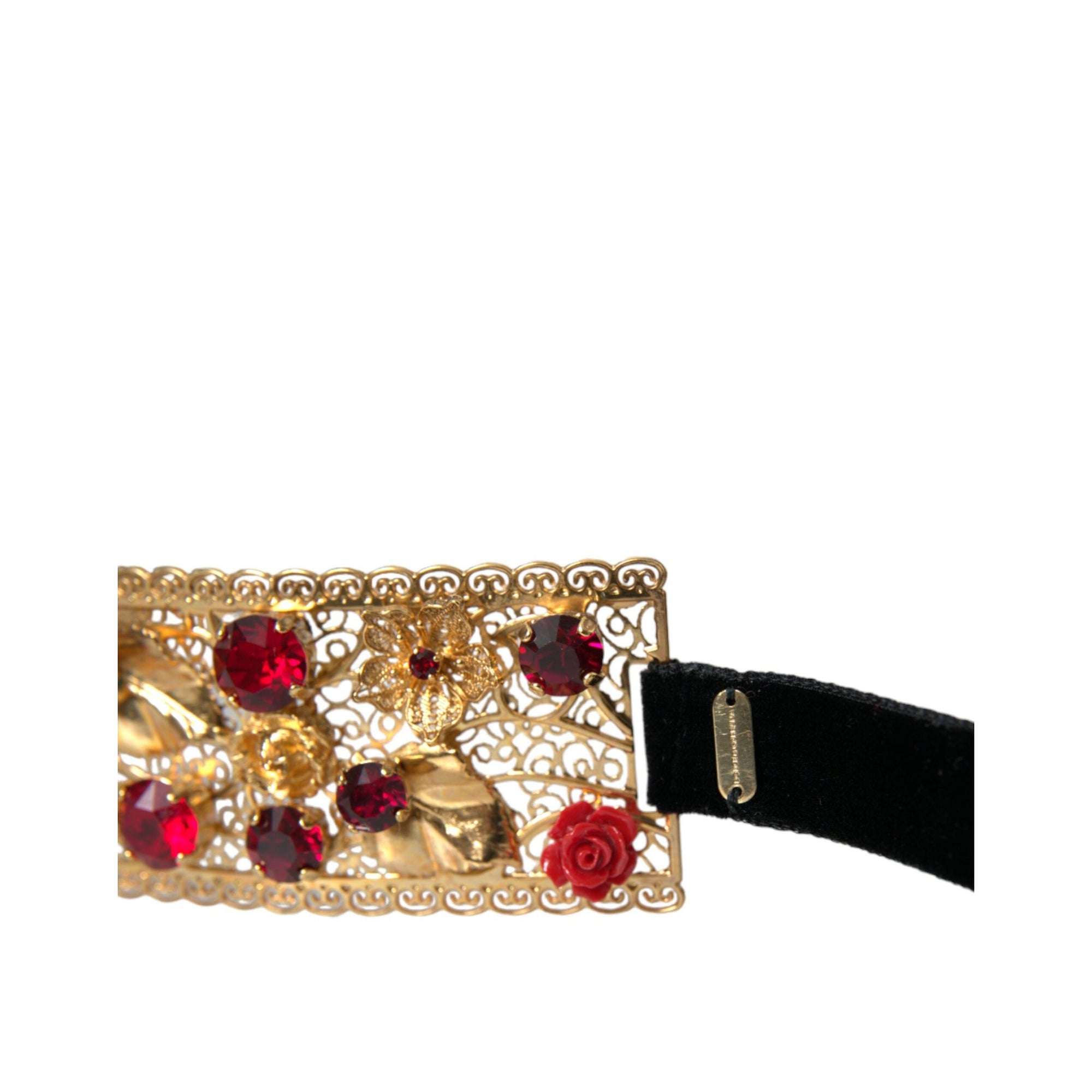 Dolce &amp; Gabbana Gold Brass Red Roses Crystal Jewel Waist Belt