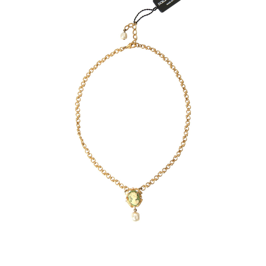 Dolce & Gabbana Gold Brass Chain Pearl Pendant Charm Necklace