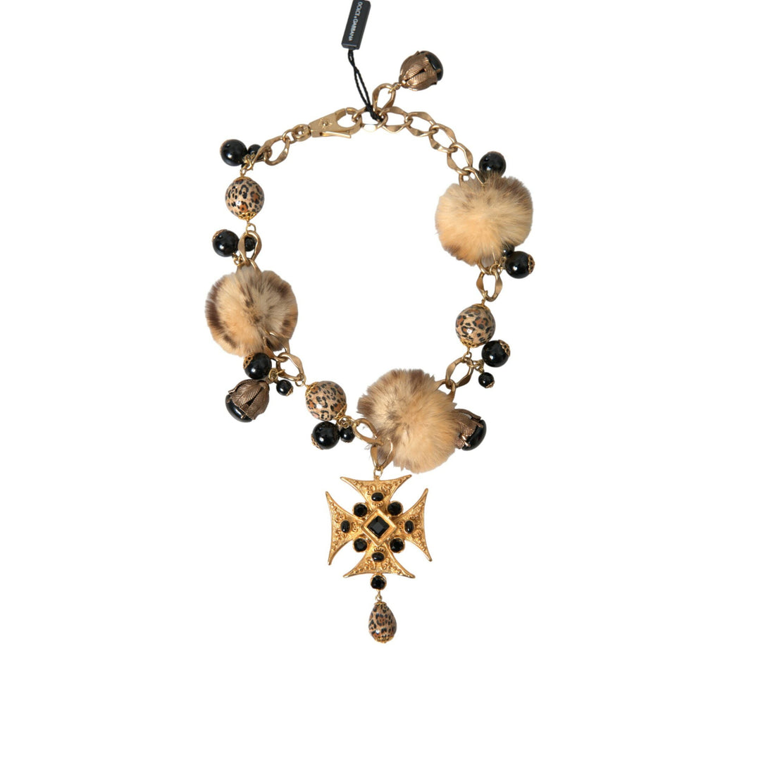 Dolce & Gabbana Gold Black Crystals Lapin Fur Filigree Chocker Necklace