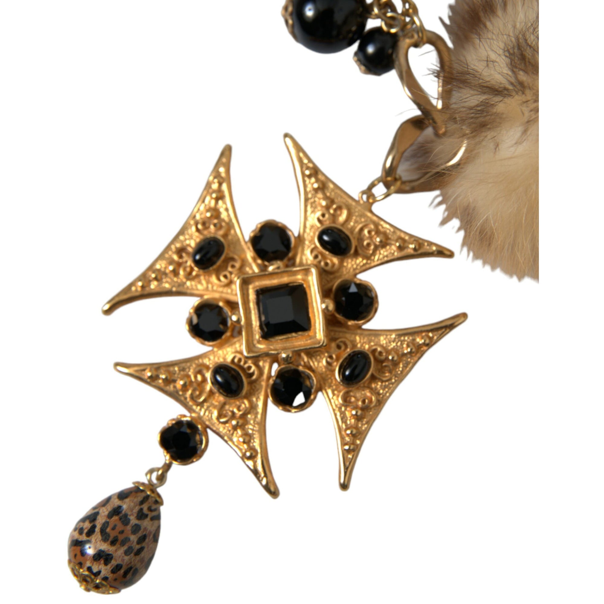 Dolce &amp; Gabbana Gold Black Crystals Lapin Fur Filigree Chocker Necklace