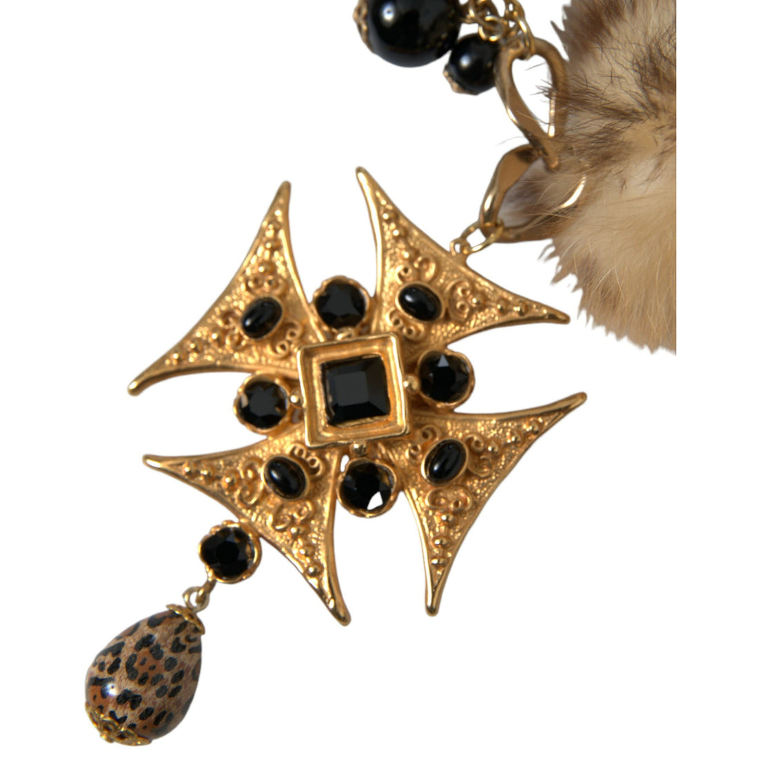 Dolce & Gabbana Gold Black Crystals Lapin Fur Filigree Chocker Necklace