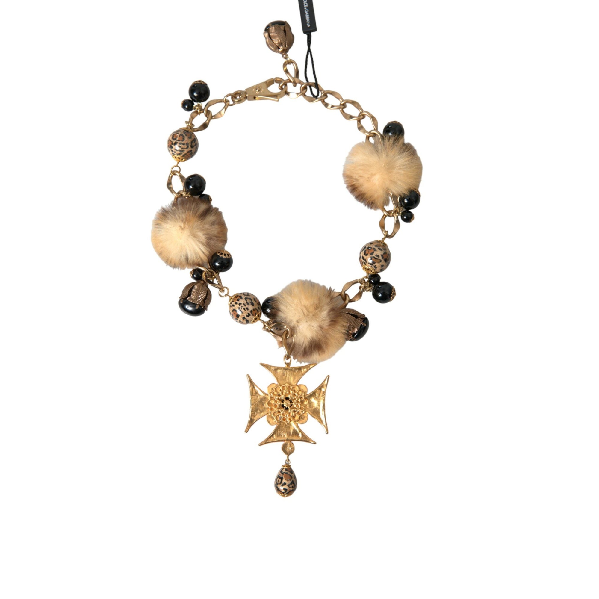 Dolce &amp; Gabbana Gold Black Crystals Lapin Fur Filigree Chocker Necklace