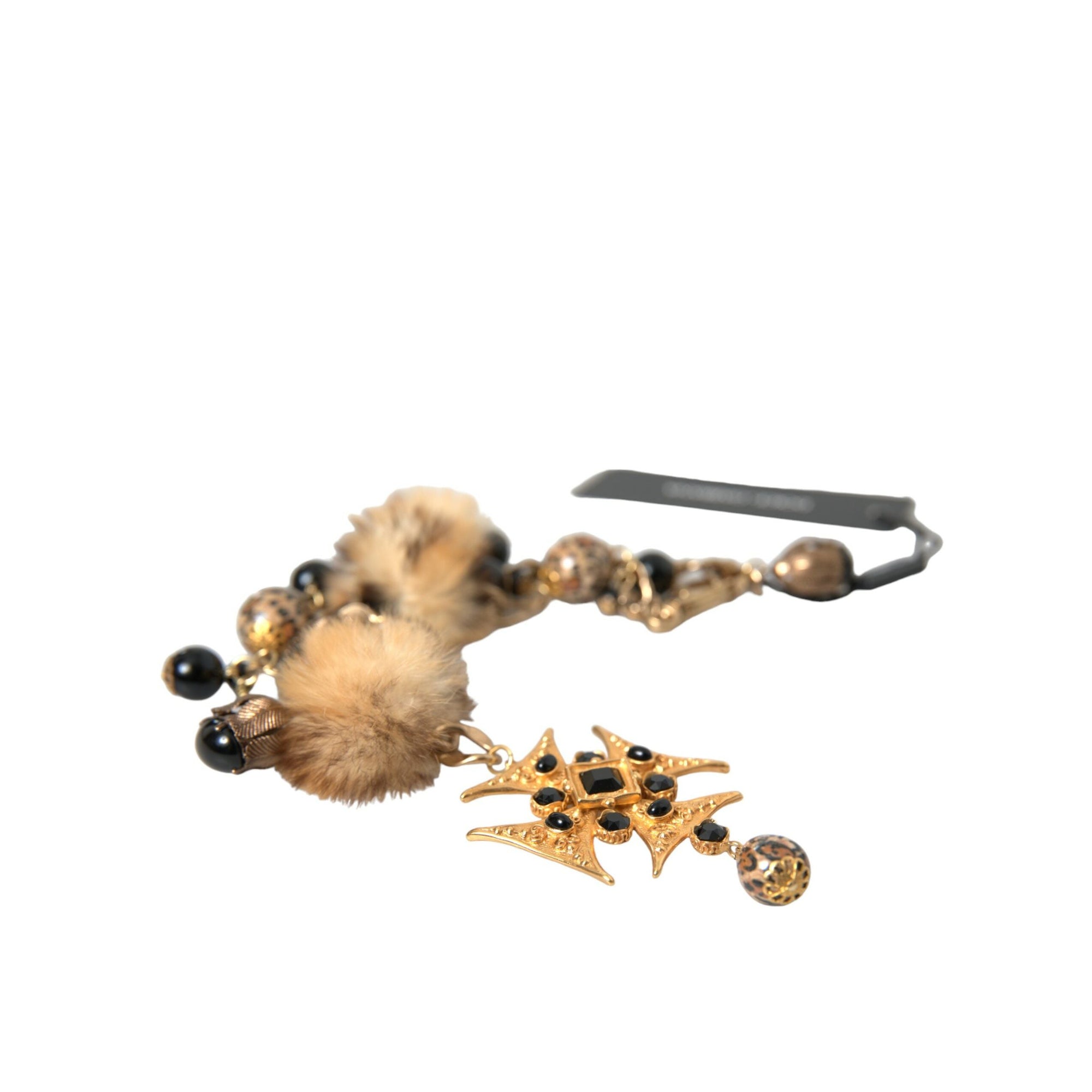 Dolce &amp; Gabbana Gold Black Crystals Lapin Fur Filigree Chocker Necklace