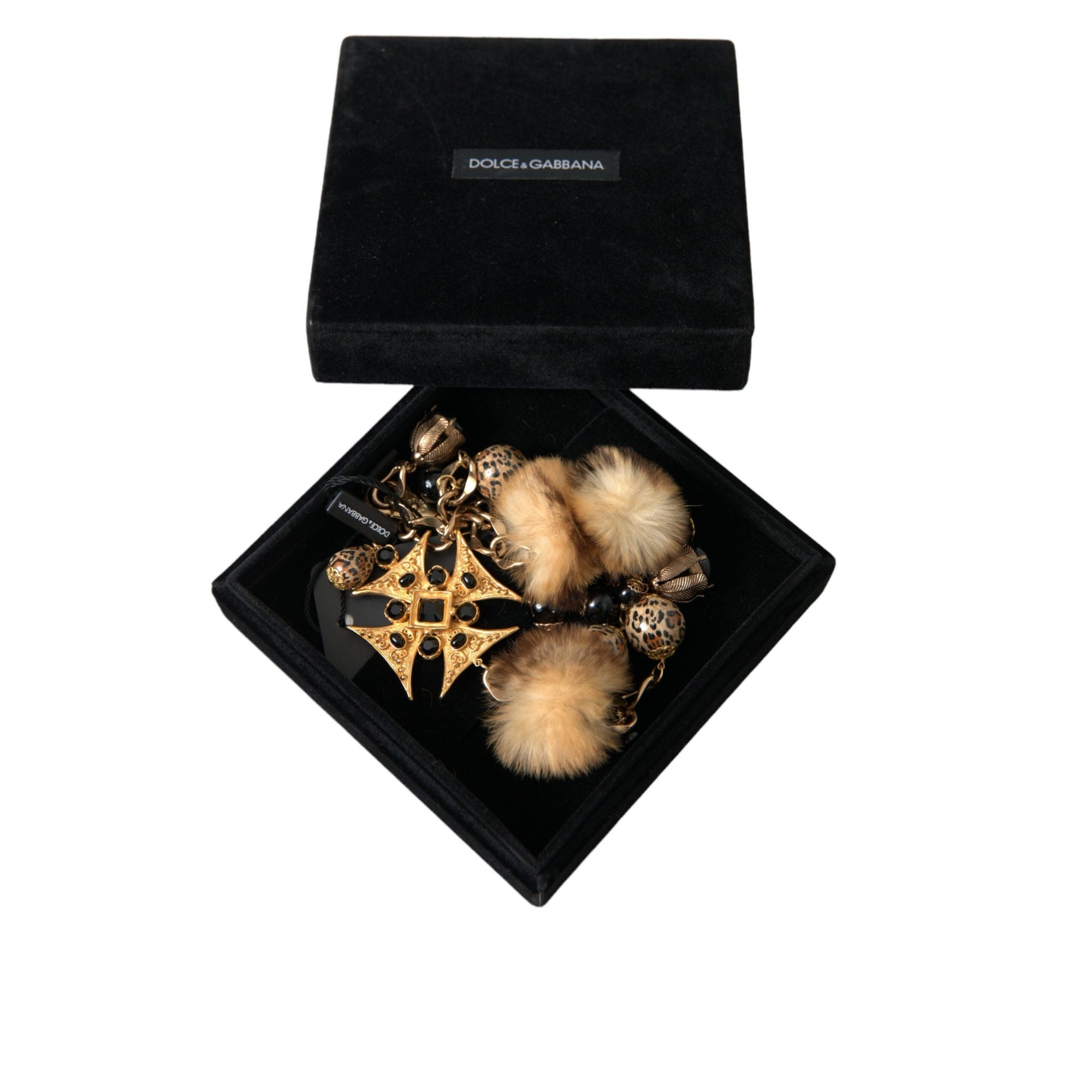 Dolce &amp; Gabbana Gold Black Crystals Lapin Fur Filigree Chocker Necklace