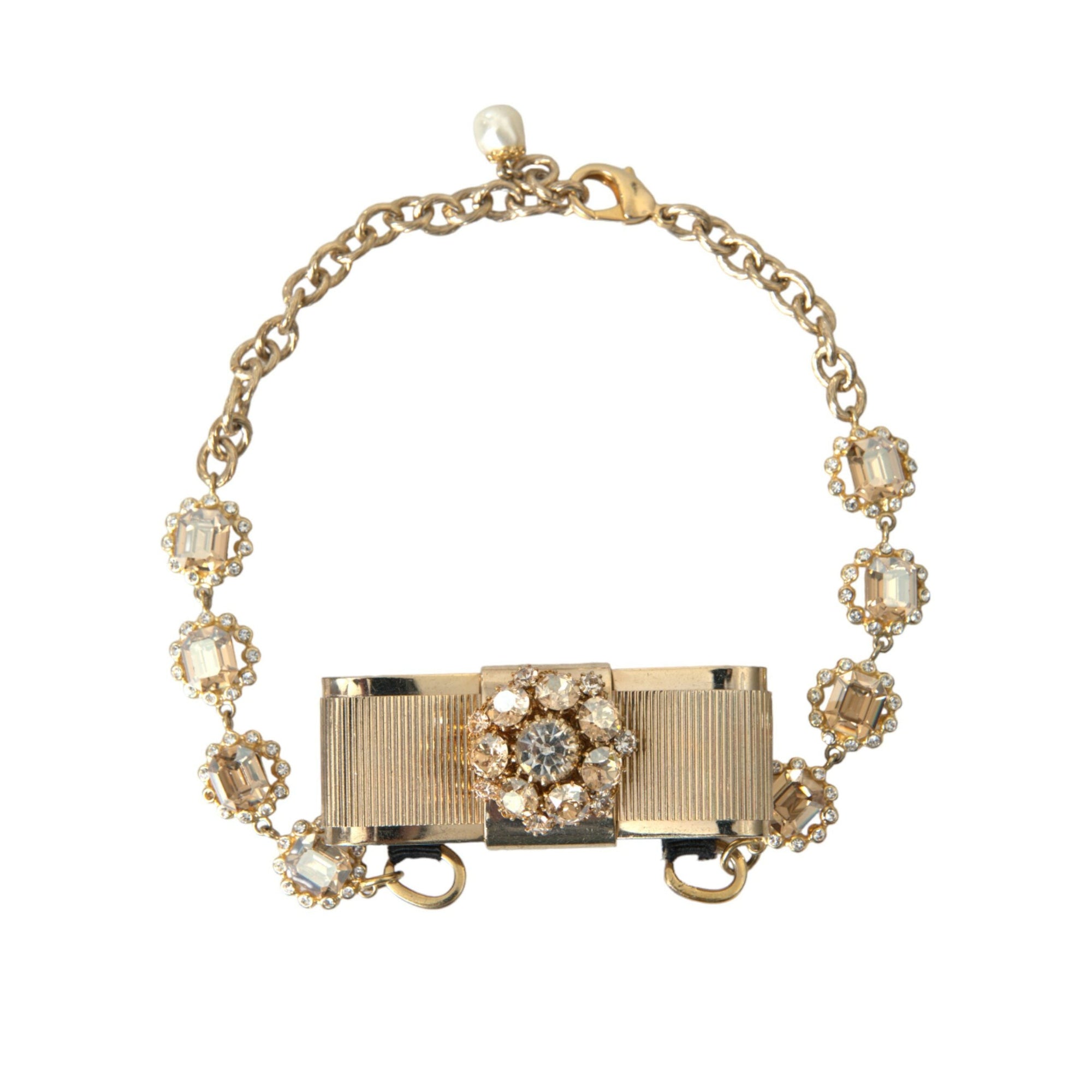 Dolce &amp; Gabbana Gold Brass Clear Crystal Bow Chain Choker Necklace