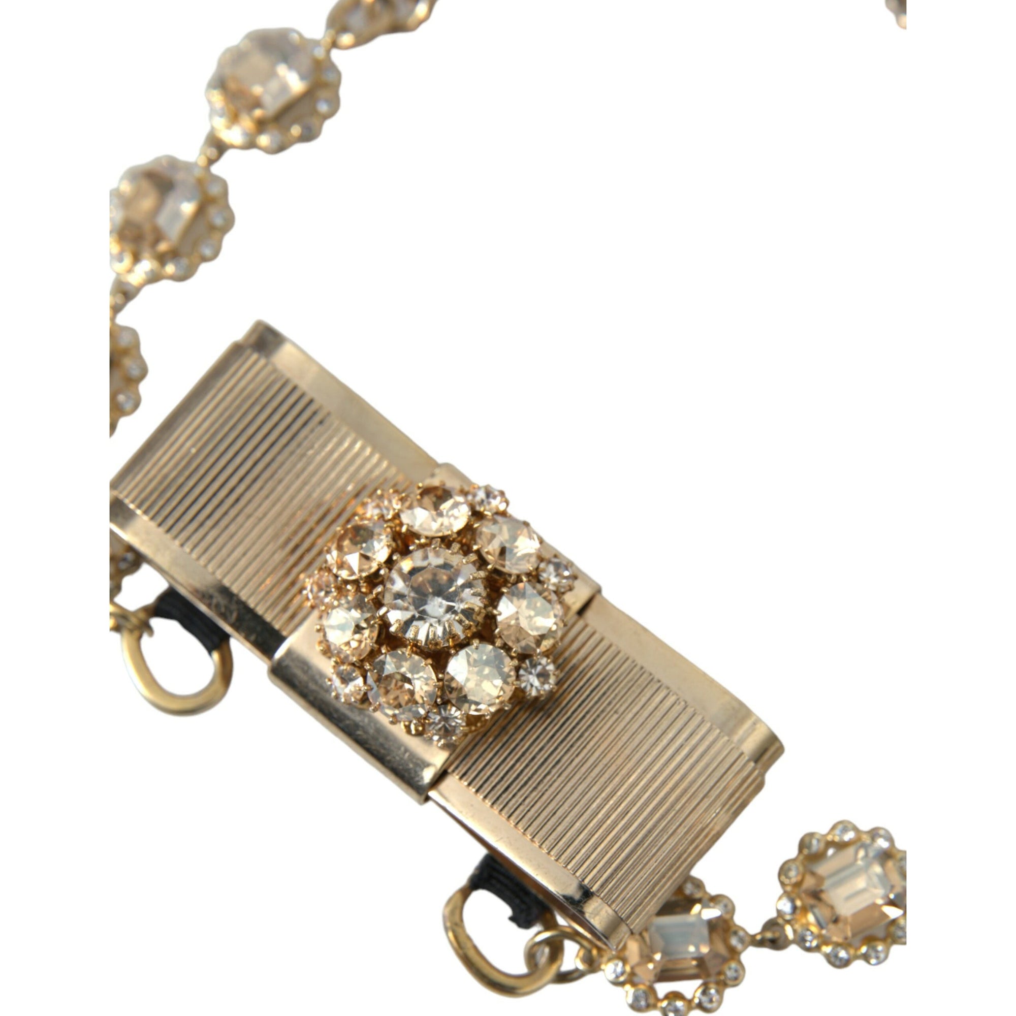 Dolce &amp; Gabbana Gold Brass Clear Crystal Bow Chain Choker Necklace