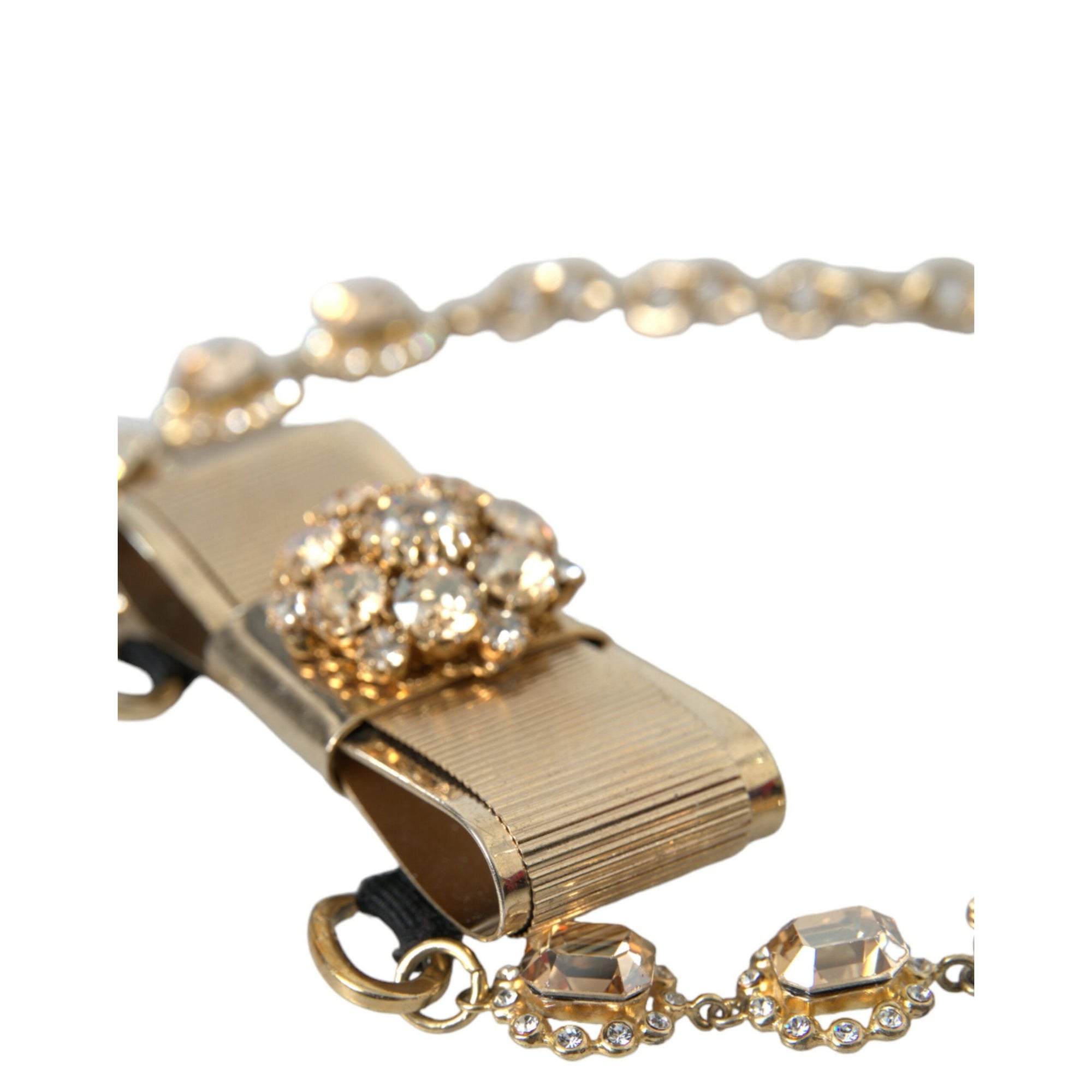 Dolce &amp; Gabbana Gold Brass Clear Crystal Bow Chain Choker Necklace