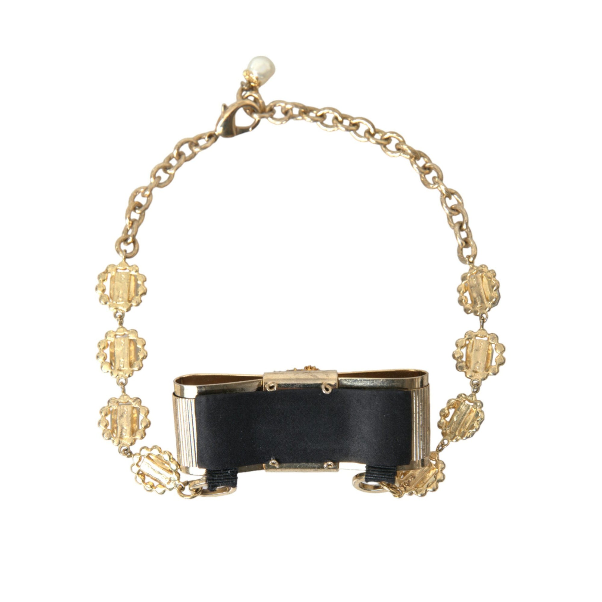 Dolce &amp; Gabbana Gold Brass Clear Crystal Bow Chain Choker Necklace