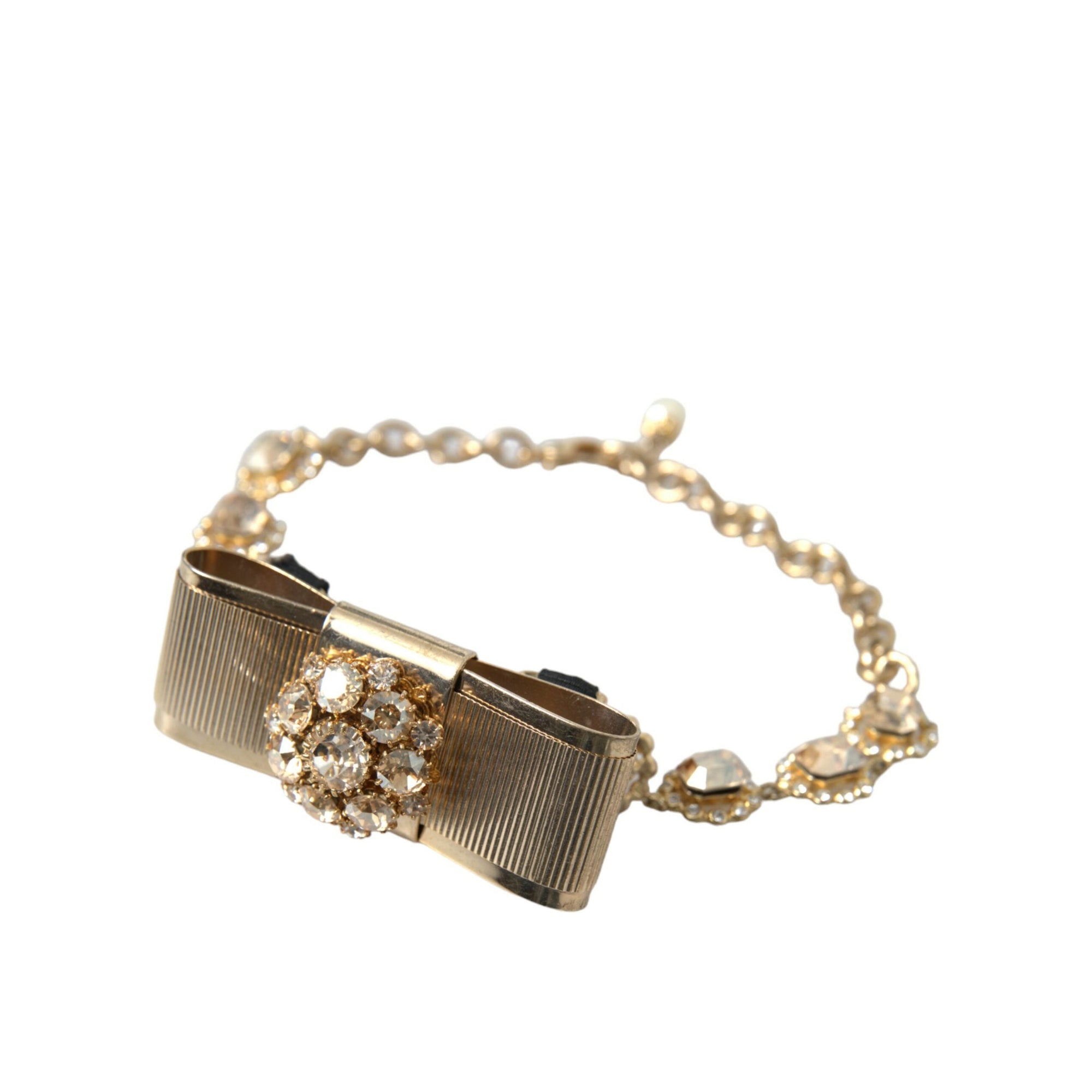 Dolce &amp; Gabbana Gold Brass Clear Crystal Bow Chain Choker Necklace