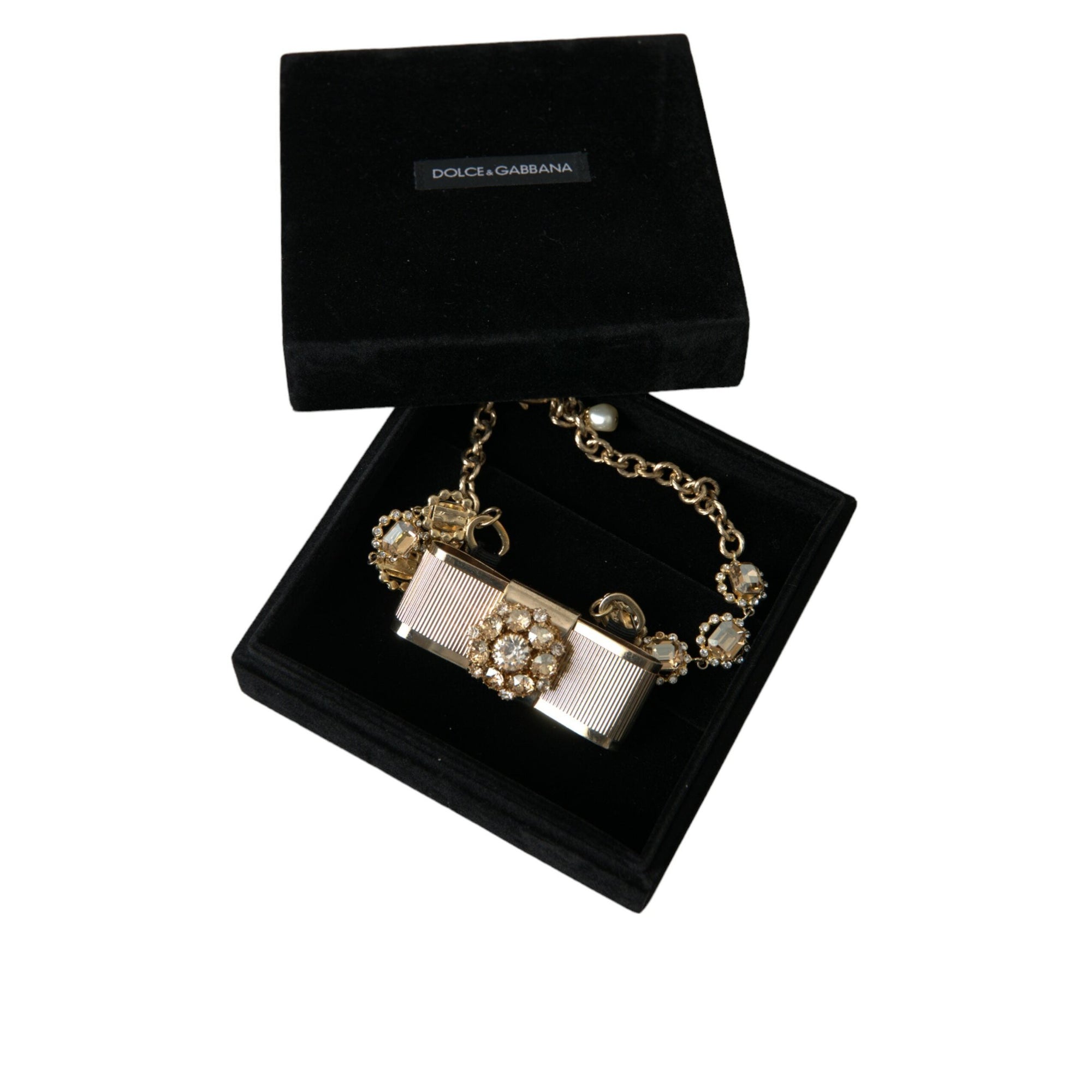 Dolce &amp; Gabbana Gold Brass Clear Crystal Bow Chain Choker Necklace
