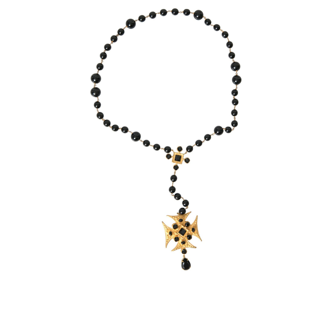 Dolce & Gabbana Gold Tone Brass Cross Black Beaded Chain Rosary Necklace