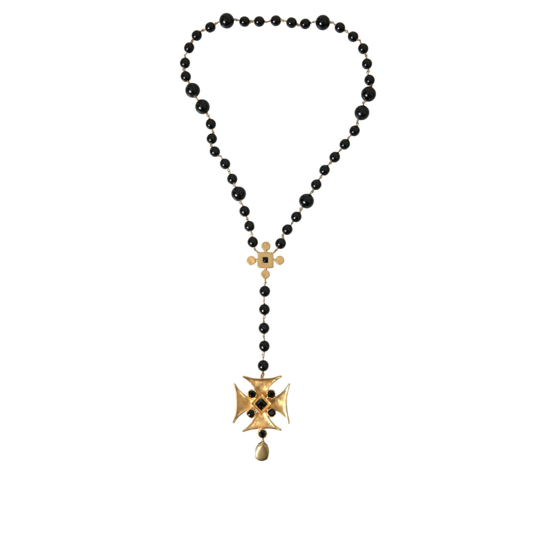 Dolce & Gabbana Gold Tone Brass Cross Black Beaded Chain Rosary Necklace