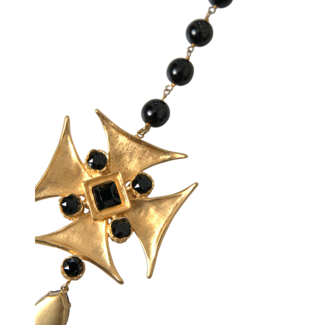 Dolce & Gabbana Gold Tone Brass Cross Black Beaded Chain Rosary Necklace