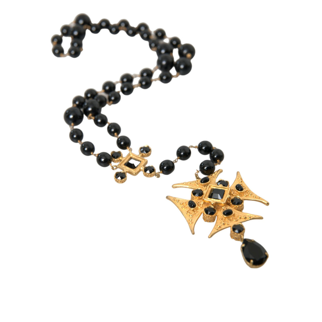 Dolce & Gabbana Gold Tone Brass Cross Black Beaded Chain Rosary Necklace