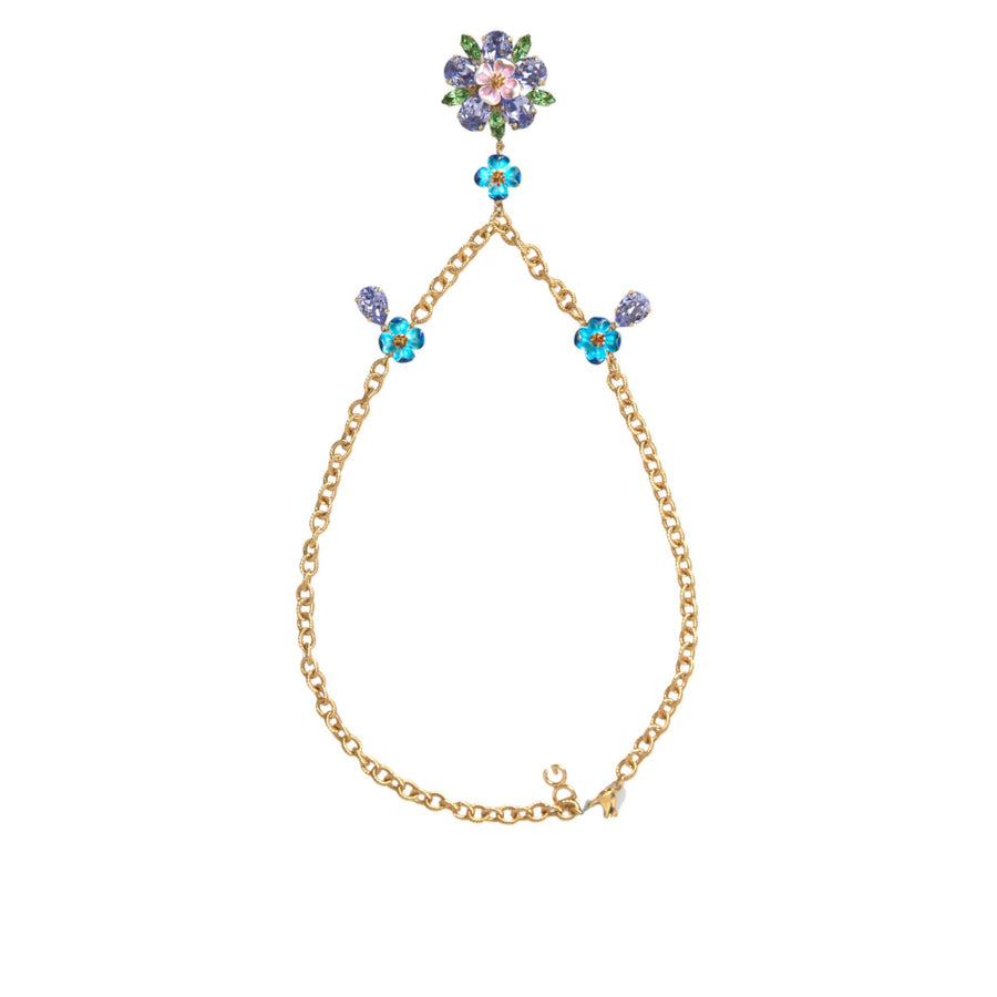 Dolce & Gabbana Gold Brass Chain Crystal Floral Pendant Charm Necklace