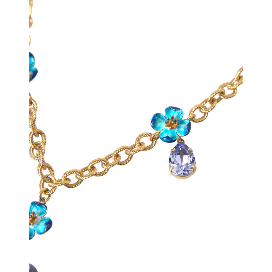 Dolce & Gabbana Gold Brass Chain Crystal Floral Pendant Charm Necklace