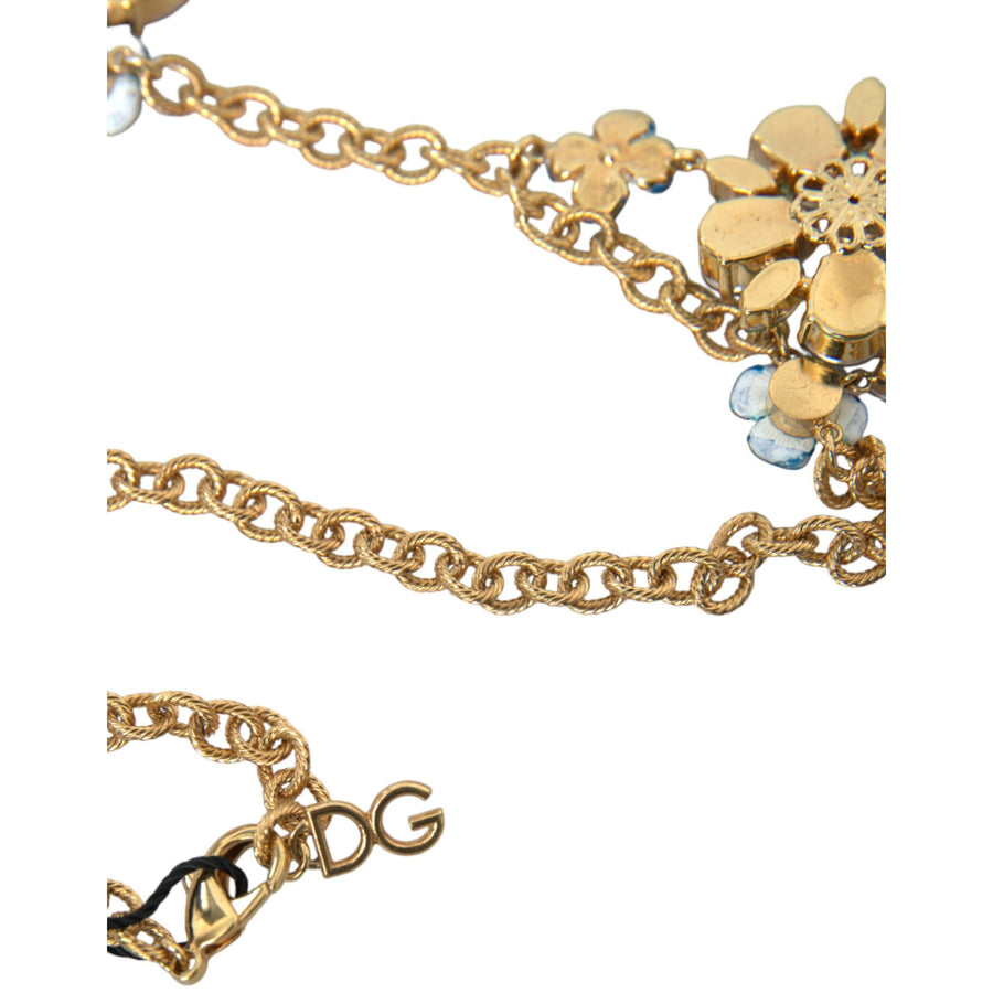 Dolce & Gabbana Gold Brass Chain Crystal Floral Pendant Charm Necklace