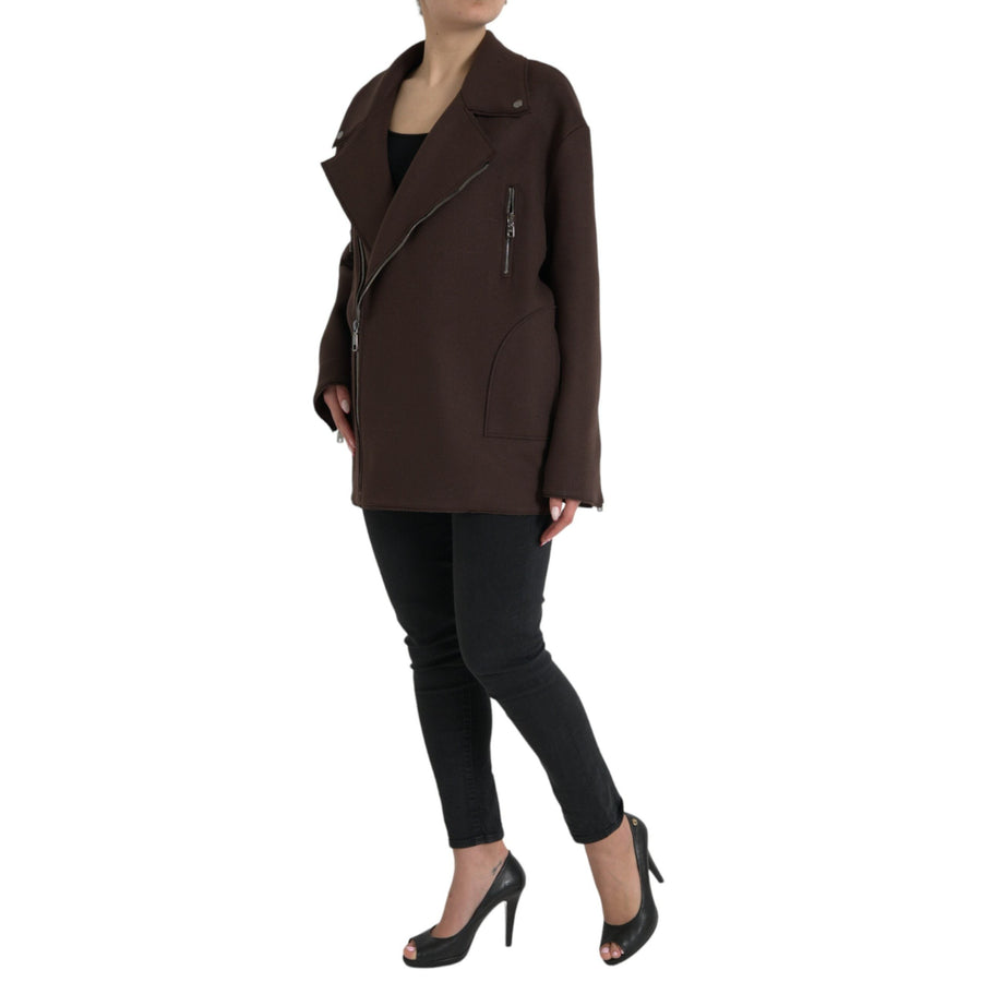 Dolce & Gabbana Brown Coat Short Biker Wool Jacket