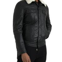 Dolce & Gabbana Black Leather Fur Collar Biker Coat Jacket