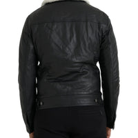 Dolce & Gabbana Black Leather Fur Collar Biker Coat Jacket